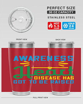 Stylish stainless steel tumbler promoting heart disease awareness, featuring a double wall vacuum design and a drink-thru lid.