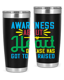 Stylish stainless steel tumbler promoting heart disease awareness, featuring a double wall vacuum design and a drink-thru lid.