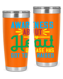 Stylish stainless steel tumbler promoting heart disease awareness, featuring a double wall vacuum design and a drink-thru lid.