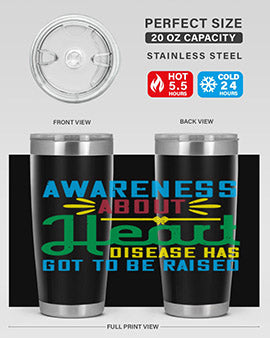 Stylish stainless steel tumbler promoting heart disease awareness, featuring a double wall vacuum design and a drink-thru lid.