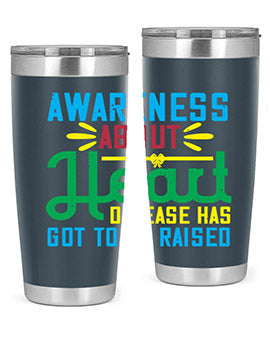 Stylish stainless steel tumbler promoting heart disease awareness, featuring a double wall vacuum design and a drink-thru lid.