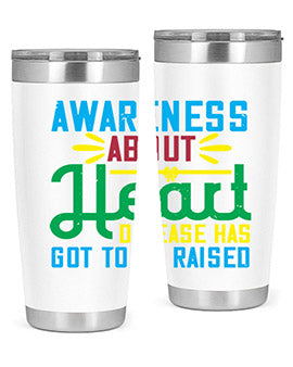 Stylish stainless steel tumbler promoting heart disease awareness, featuring a double wall vacuum design and a drink-thru lid.