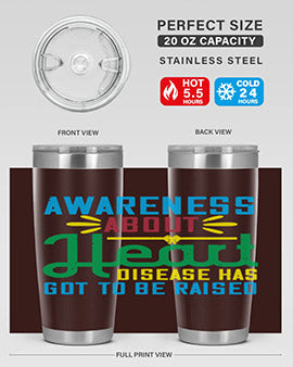 Stylish stainless steel tumbler promoting heart disease awareness, featuring a double wall vacuum design and a drink-thru lid.