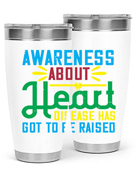 Stylish stainless steel tumbler promoting heart disease awareness, featuring a double wall vacuum design and a drink-thru lid.