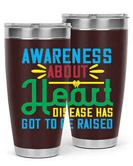 Stylish stainless steel tumbler promoting heart disease awareness, featuring a double wall vacuum design and a drink-thru lid.