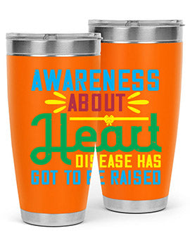 Stylish stainless steel tumbler promoting heart disease awareness, featuring a double wall vacuum design and a drink-thru lid.