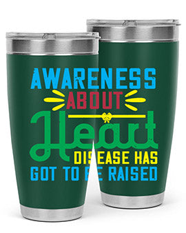 Stylish stainless steel tumbler promoting heart disease awareness, featuring a double wall vacuum design and a drink-thru lid.