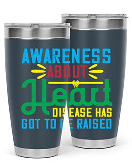 Stylish stainless steel tumbler promoting heart disease awareness, featuring a double wall vacuum design and a drink-thru lid.