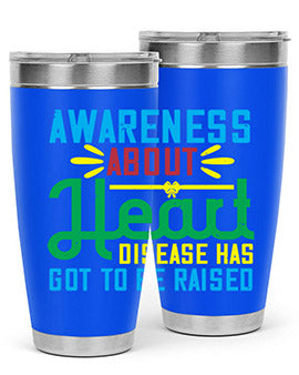 Stylish stainless steel tumbler promoting heart disease awareness, featuring a double wall vacuum design and a drink-thru lid.