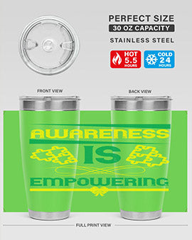 Awareness is Empowering Style 4# Tumbler in stainless steel with a sleek design, showcasing its double wall vacuum insulation and drink-thru lid.