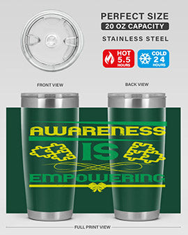 Awareness is Empowering Style 4# Tumbler in stainless steel with a sleek design, showcasing its double wall vacuum insulation and drink-thru lid.