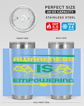 Awareness is Empowering Style 4# Tumbler in stainless steel with a sleek design, showcasing its double wall vacuum insulation and drink-thru lid.