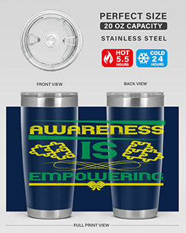 Awareness is Empowering Style 4# Tumbler in stainless steel with a sleek design, showcasing its double wall vacuum insulation and drink-thru lid.