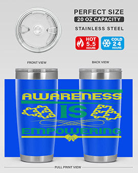 Awareness is Empowering Style 4# Tumbler in stainless steel with a sleek design, showcasing its double wall vacuum insulation and drink-thru lid.