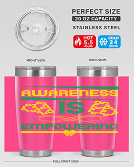 Awareness is Empowering Style 4# Tumbler in stainless steel with a sleek design, showcasing its double wall vacuum insulation and drink-thru lid.