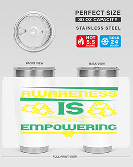 Awareness is Empowering Style 4# Tumbler in stainless steel with a sleek design, showcasing its double wall vacuum insulation and drink-thru lid.