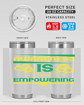 Awareness is Empowering Style 4# Tumbler in stainless steel with a sleek design, showcasing its double wall vacuum insulation and drink-thru lid.