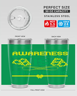 Awareness is Empowering Style 4# Tumbler in stainless steel with a sleek design, showcasing its double wall vacuum insulation and drink-thru lid.