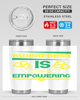 Awareness is Empowering Style 4# Tumbler in stainless steel with a sleek design, showcasing its double wall vacuum insulation and drink-thru lid.