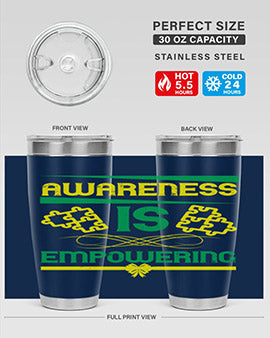 Awareness is Empowering Style 4# Tumbler in stainless steel with a sleek design, showcasing its double wall vacuum insulation and drink-thru lid.