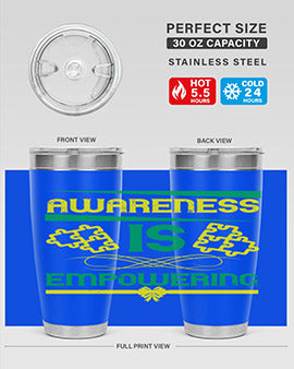 Awareness is Empowering Style 4# Tumbler in stainless steel with a sleek design, showcasing its double wall vacuum insulation and drink-thru lid.