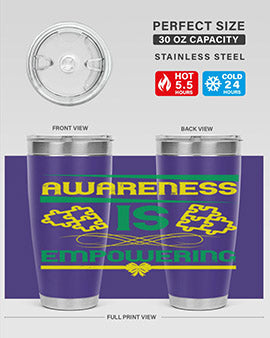 Awareness is Empowering Style 4# Tumbler in stainless steel with a sleek design, showcasing its double wall vacuum insulation and drink-thru lid.