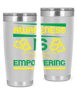 Awareness is Empowering Style 4# Tumbler in stainless steel with a sleek design, showcasing its double wall vacuum insulation and drink-thru lid.