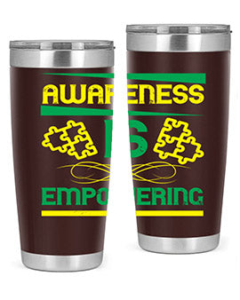 Awareness is Empowering Style 4# Tumbler in stainless steel with a sleek design, showcasing its double wall vacuum insulation and drink-thru lid.