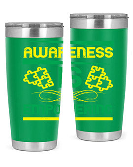 Awareness is Empowering Style 4# Tumbler in stainless steel with a sleek design, showcasing its double wall vacuum insulation and drink-thru lid.