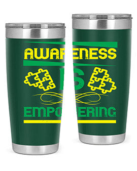 Awareness is Empowering Style 4# Tumbler in stainless steel with a sleek design, showcasing its double wall vacuum insulation and drink-thru lid.