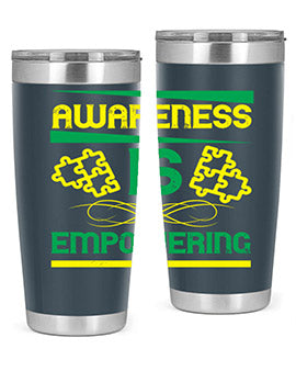 Awareness is Empowering Style 4# Tumbler in stainless steel with a sleek design, showcasing its double wall vacuum insulation and drink-thru lid.