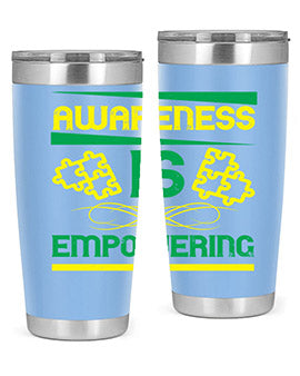 Awareness is Empowering Style 4# Tumbler in stainless steel with a sleek design, showcasing its double wall vacuum insulation and drink-thru lid.