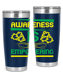 Awareness is Empowering Style 4# Tumbler in stainless steel with a sleek design, showcasing its double wall vacuum insulation and drink-thru lid.