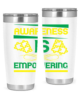 Awareness is Empowering Style 4# Tumbler in stainless steel with a sleek design, showcasing its double wall vacuum insulation and drink-thru lid.