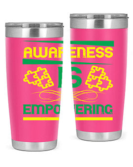 Awareness is Empowering Style 4# Tumbler in stainless steel with a sleek design, showcasing its double wall vacuum insulation and drink-thru lid.