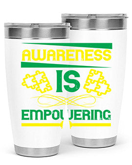 Awareness is Empowering Style 4# Tumbler in stainless steel with a sleek design, showcasing its double wall vacuum insulation and drink-thru lid.