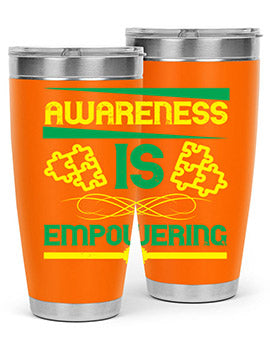 Awareness is Empowering Style 4# Tumbler in stainless steel with a sleek design, showcasing its double wall vacuum insulation and drink-thru lid.