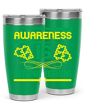 Awareness is Empowering Style 4# Tumbler in stainless steel with a sleek design, showcasing its double wall vacuum insulation and drink-thru lid.