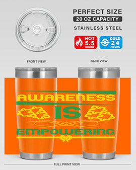 Awareness is Empowering Style 4# Tumbler in stainless steel with a sleek design, showcasing its double wall vacuum insulation and drink-thru lid.