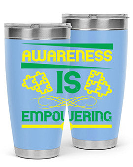 Awareness is Empowering Style 4# Tumbler in stainless steel with a sleek design, showcasing its double wall vacuum insulation and drink-thru lid.