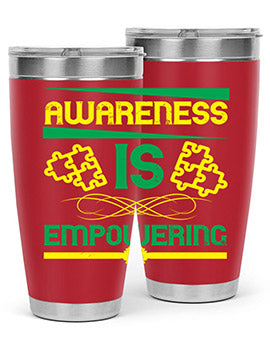 Awareness is Empowering Style 4# Tumbler in stainless steel with a sleek design, showcasing its double wall vacuum insulation and drink-thru lid.