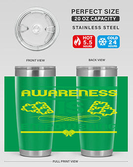 Awareness is Empowering Style 4# Tumbler in stainless steel with a sleek design, showcasing its double wall vacuum insulation and drink-thru lid.