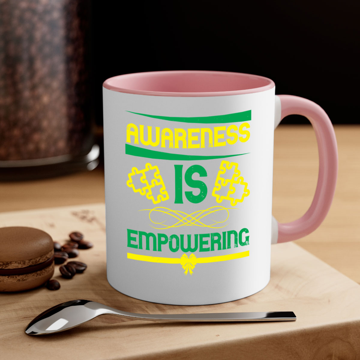 Awareness is Empowering Style 4# Mug with a glossy finish and colored handle, available in multiple colors and sizes.