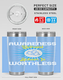 Awareness without Action tumbler in stainless steel with a sleek design, showcasing its double wall vacuum insulation and drink-thru lid.