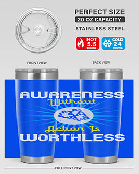 Awareness without Action tumbler in stainless steel with a sleek design, showcasing its double wall vacuum insulation and drink-thru lid.