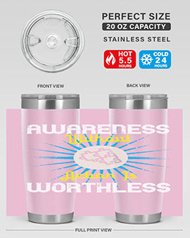 Awareness without Action tumbler in stainless steel with a sleek design, showcasing its double wall vacuum insulation and drink-thru lid.