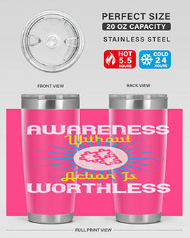 Awareness without Action tumbler in stainless steel with a sleek design, showcasing its double wall vacuum insulation and drink-thru lid.