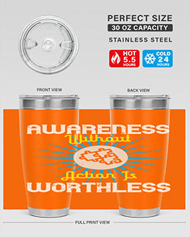 Awareness without Action tumbler in stainless steel with a sleek design, showcasing its double wall vacuum insulation and drink-thru lid.