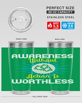 Awareness without Action tumbler in stainless steel with a sleek design, showcasing its double wall vacuum insulation and drink-thru lid.