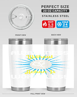 Awareness without Action tumbler in stainless steel with a sleek design, showcasing its double wall vacuum insulation and drink-thru lid.